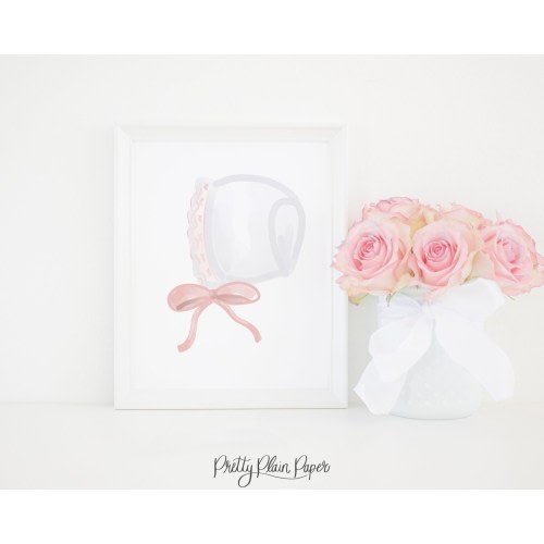 Watercolor Bonnet Artwork Print | 8x10 | Printable Download | Grandmillennial Nursery Artwork | Bonnet Bow Baby Girl 0102 1081 1074