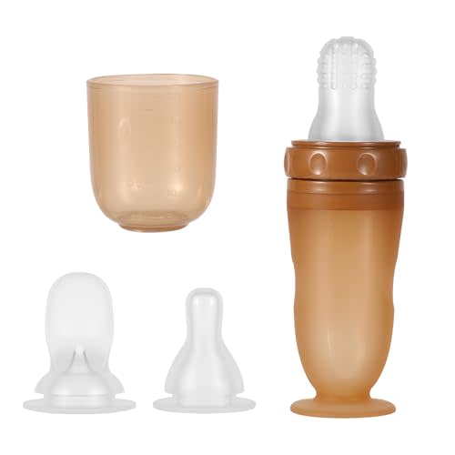 Baby Food Bottle, 3-in-1 Silicone Food Dispensing Squeeze Feeder Multifunctional Baby Milk Bottle Weaning Bottles with Dispensing Spoon, Regular Nipple and Fruit Puree Feeding Nipple