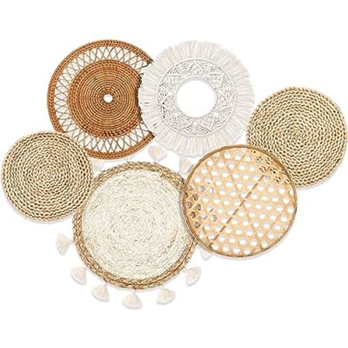Nuenen Boho Wall Basket Decor Set- Extra Large 8.7 to 15 Inch Boho Macrame Wall Decor Bulrush Woven Round Hanging Tassels Art Decoration for Living Room Headboard Bedroom Home(Classic Style)