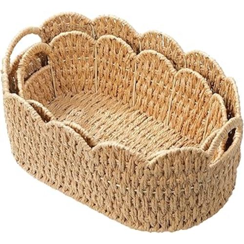 Paper Rope Scalloped Basket Set of 2,Woven Storage Baskets for Shelves,Laundry,Towels,Clothes,Books,Toys,Cute Decor Baskets for Organizing,Natural Color