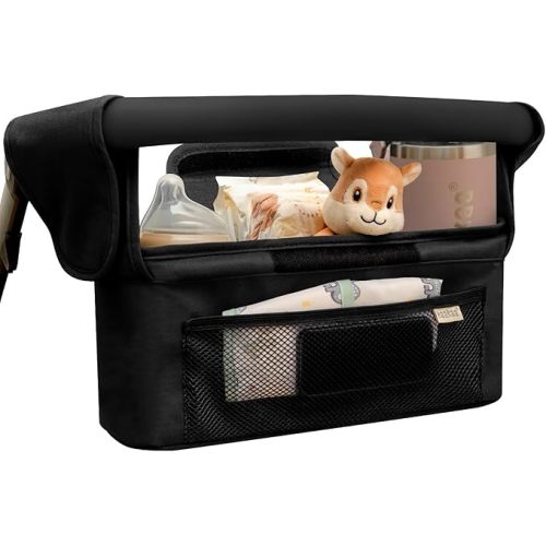 haakaa Stroll & Go Organiser - 2 Cup Holders - Black, Ultimate Stroller Organizer Universal Fit with Adjustable Non-Slip Straps & Hooks, Stroller Caddy Accessories with Shoulder Strap