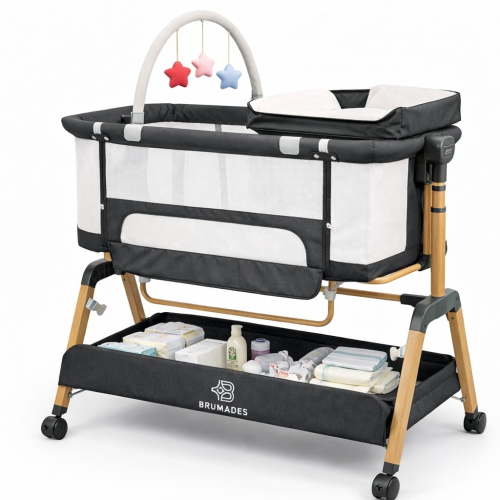 BRUMADES 3-in-1 Baby Bassinet Bedside Sleeper, Adjustable Height Portable Crib with Breathable Mesh Sides, Comfortable Mattress, Diaper Storage & Mosquito Net, Safe & Stable Frame, Gray