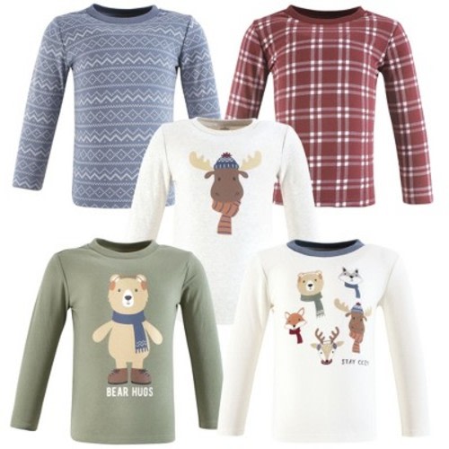 Hudson Baby Infant Boys Cotton Poly Long Sleeve T-shirts 5-Pack, Cozy Woodland Friends, 18-24 Months