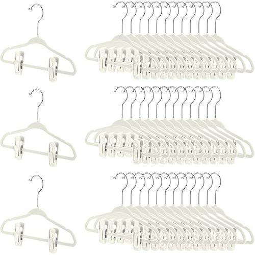 Soaoo 11 Inch Baby Velvet Hangers with Adjustable Clips, 50 Pcs & 100 Clips, Non-Slip for Children/Infant/Toddler Clothes, Space-Saving Kids Children Clothes Hangers for Nursery Closet (Beige)