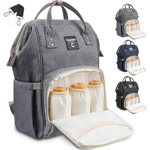 Diaper Bag Backpack for Baby Care, Multi-Functional Waterproof Travel Backpack Nappy Tote Bags Large Capacity Creative Fashion Package Best Gift for Mom&Dad (A-Grey(3 bottle bags in front))