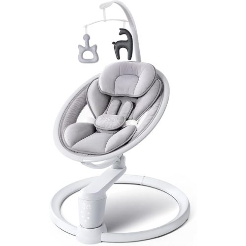 HARPPA Weddell Plus Electric Baby Swings for Infants and Newborns, Eye-Level Baby Swing 5 Speeds and Remote Control 10 Built-in Melodies, 2 Seat Positions & 180° Rotation for Indoor Use, Light Gray