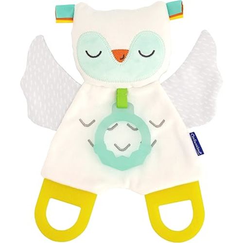 Infantino Glow-in-The Dark Cuddly Teether - Owl Soft Toy with 3 Textured Teethers, Fiddle Flags, Crinkle Sounds, Soft Material, On The Go Toy