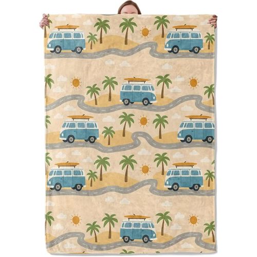 Beach Van Blanket Gifts for Women Girls Kids, Soft Warm Lightweight Flannel Retro Camper and Palm Tree Car Throw Blankets for Bedroom Living Room Home Sofa Home Decor 40" x 50"