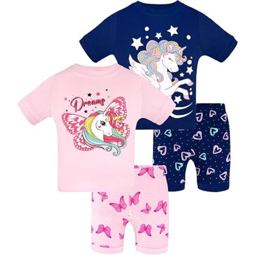 DAUGHTER QUEEN Girls Summer Pajamas Set 4 Pieces 100% Cotton Sleepwear Size 18 Months-12 Years