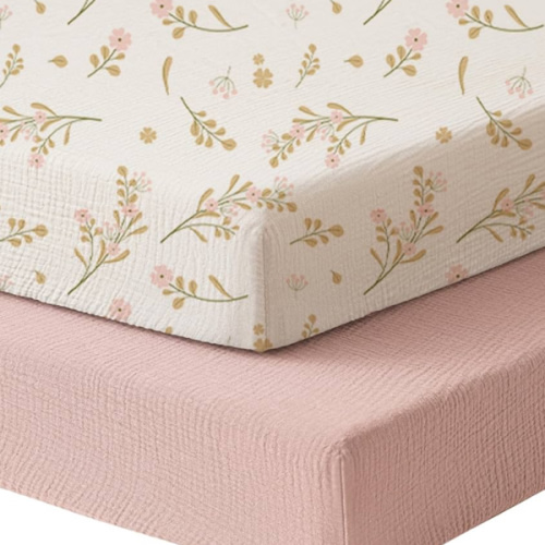 Konssy Muslin Mini Crib Sheets, 100% Soft Cotton Pack and Play Sheets for Pack N Play Mattress, Playard Baby Crib Sheets for Baby Girls (Floral, Pink)