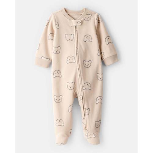 Baby Boy Bear Fleece 2-Way Zip Sleep & Play Pajamas - Khaki