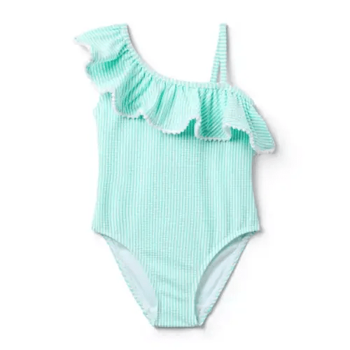 Girl Teal Splash Stripe Recycled Striped Ruffle Swimsuit by Janie and Jack