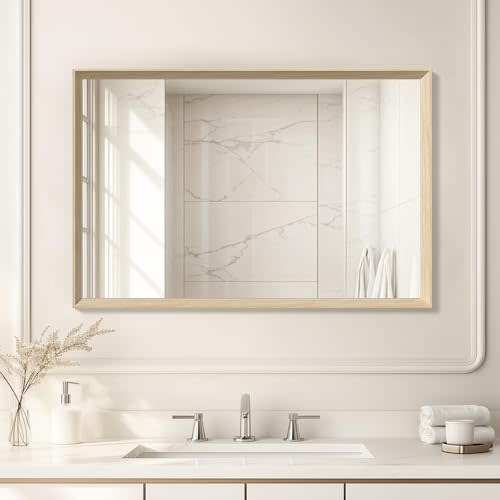Ultrue Oak Wood Effect Framed Wall Mirror, 24x36 Rectangle Mirror, 1/8" Anti-desilvering Tempered Glass, Sustainable& Sturdy Frame, Anti-Rust, HD Reflection &3min Fast Setup for Bathroom Living Room