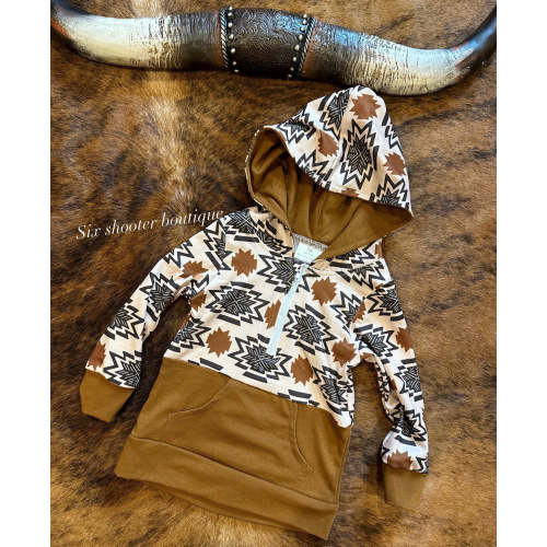 Brown Aztec kids half zip hoodie