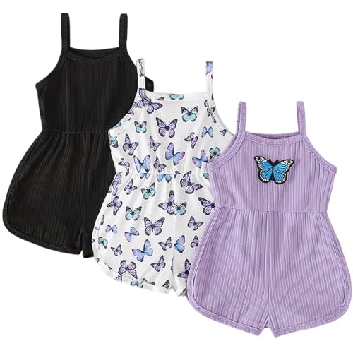 VARMILO 3-Pack Toddler Girl Sleeveless Romper - Butterfly Print Short Jumpsuit Summer Casual Outfit for Baby Girls