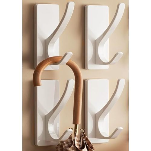 pickpiff Self Adhesive Coat Hooks for Hanging: Heavy Duty Stainless Wall Hook for Towel, Utensil, Backpack, Hat, Sturdy Metal Hanger for Bathroom, Kitchen, Door, White, 4-Pack