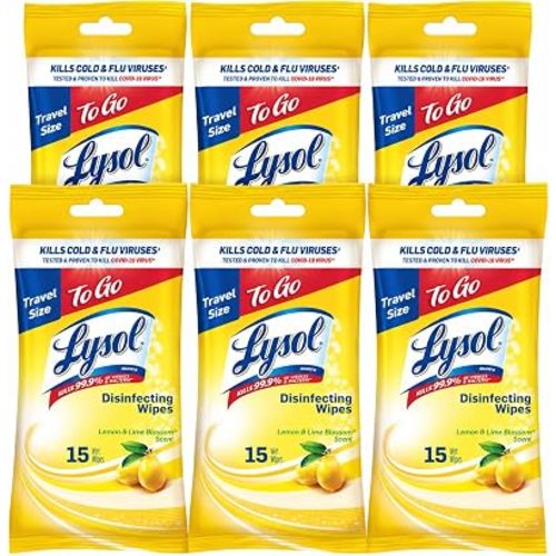 Lysol Disinfecting Wipes To-Go Pack, Lemon Scent, 15 Count (Pack of 6)