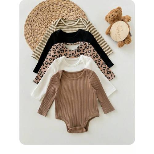 Newborn Baby Girl And Baby Boy Cute Casual Knitted Leopard Striped Solid Color Long-Sleeved Bodysuit 5-Pack, Leopard Print Bodysuit Striped Bodysuit Solid Color Bodysuit, Buy Three Get Two Free, Practical Discount, Soft Fabric, Is The First Choice For Mot