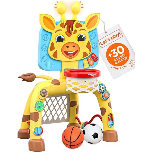 Move2Play, Giraffe Basketball Hoop & Soccer Goal Activity Center | 30+ Sounds & Songs + 5 Lights | 1 2 3 Year Old Birthday Gift for Boys and Girls | Toy for Baby & Toddlers (Yellow)