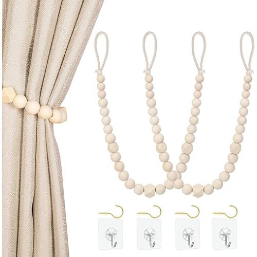 Wood Bead Curtain Tiebacks, KLOGTSIND Set of 2 Curtain Holdbacks for Thin or Thick Window Draperies, Boho Farmhouse Curtain Tiebacks with Hooks, Curtain Tie Backs for Home Office Room Decor