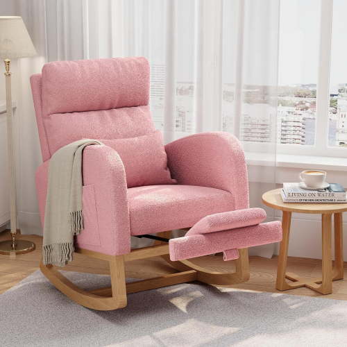 Teddy Fleece Rocking Chair with Footrest, Modern Nursery Glider Chair with Side Pockets and Pillow, Rocker Chair for Living Room Bedroom Nursing Room, Pink