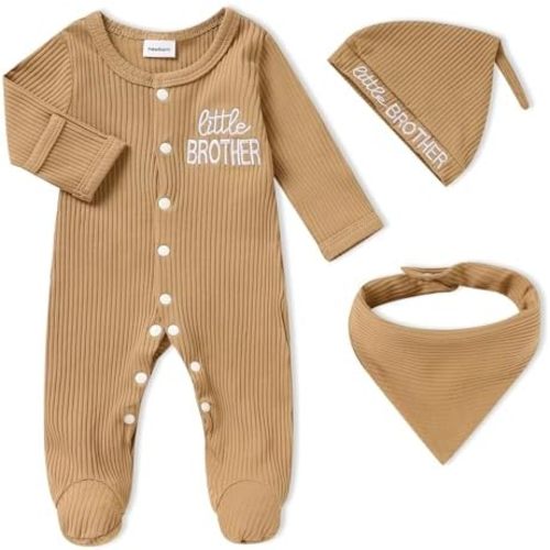 Newborn Infant Baby Boy Coming Homing Clothes Letter Print Button Knit Footed Romper Jumpsuit Hat Bibs 3pcs Outfit