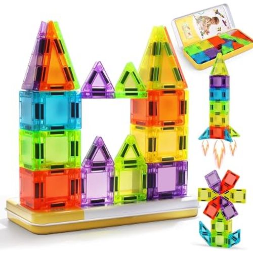 Mini Magnetic Tiles Travel Set- Travel Toys with Portable Iron Box, Rounded Edges, Colorful Sensory Toys for Ages 3+, Building-Creativity Gifts for Kids, Home Airplane Car Trip, 29 PCS