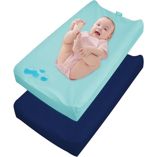 Changing Pad Cover Waterproof, 2 Pack Diaper Change Table Sheets for Baby Boys Girls, Fitted Cradle Sheets for 32"x16" Contoured Pad, Breathable & Ultra Soft, Aqua and Navy