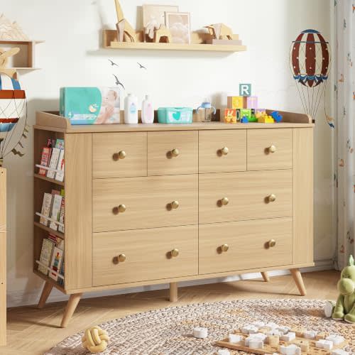 Kids Dresser Cabinet with 8 Drawers, Baby Dresser, Natural | Natural Chest of Drawers with Open Shelving, Kids Bedroom Furniture, Nightstand for Child' s Room