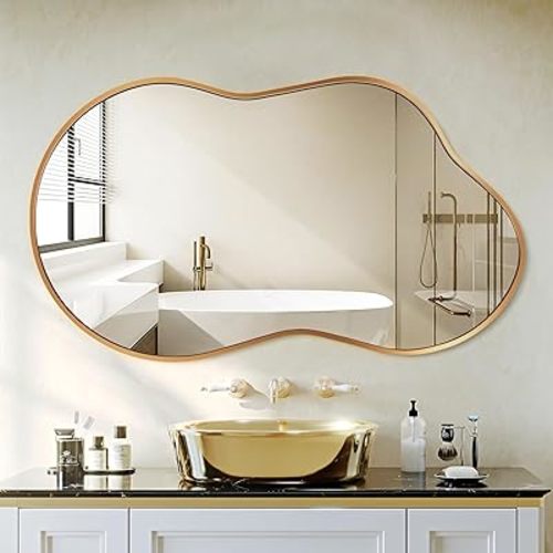 Dorlicecass Irregular Wall Mirror - Wall Mirrors Decorative 24"x36" Gold Asymmetrical Mirror Tempered Glass Aviation Aluminum Alloy Frame for Bathroom, Bedroom, Living Room, Cloakroom, Entryway