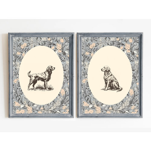 Dog Vintage Print Nursery Decor Golden Retriever Set of 2, Printable Wall Art, Pastel Vintage Floral, Nursery Wall Grandmilennial Art Girl