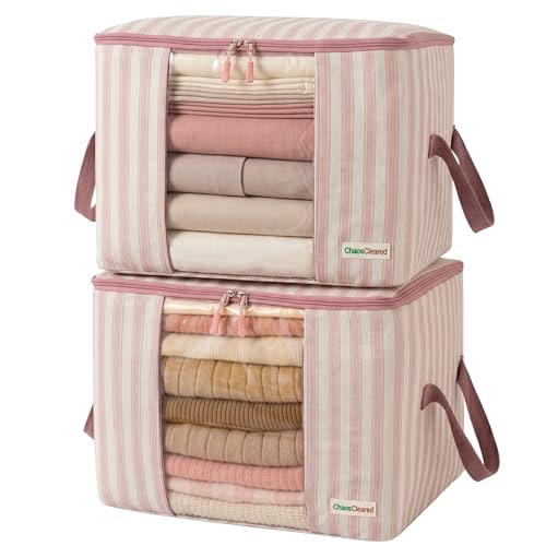 Kids Storage Bags – 100% Cotton Canvas Toy & Clothes Organizer with Cute Design – Storage Bin for Stuffed Animals, Baby Items & Clothes with Zipper & Handles (Pink Stripe Print)