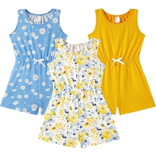 PATPAT Girls 3 Pack Rompers 3-12 Years Floral Summer Rompers Elastic Waist Sleeveless Jumpsuits Cute Outfits