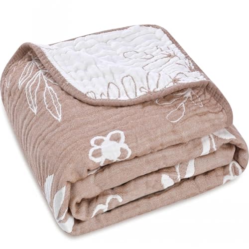 6-Layer Muslin Baby Blanket Made with Organic Cotton - Nature Inspired Pattern,Swaddle & Crib Quilt, 43" x 43",Leaf Flower Coffee