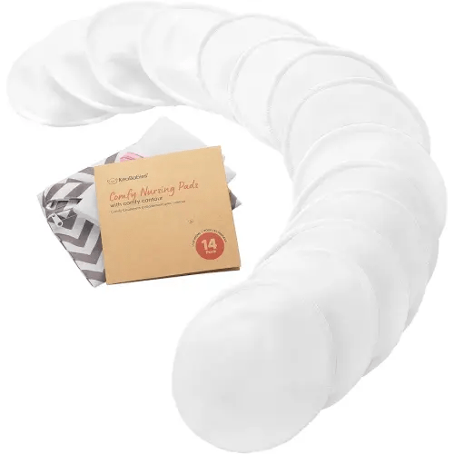 Organic Nursing Pads - 14 Washable Breast Pads for Breastfeeding, Wash Bag, Viscose Derived from Bamboo Reusable Nipple Covers for Breastfeeding Essentials, Soft & Absorbent (Soft White, M 3.9")