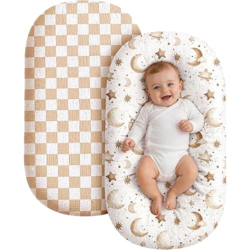 Replacement Baby Lounger Cover, 2 Pack Soft Muslin Slipcover for Newborn Nest, Durable Lounger Protector with Envelope Closure, Fits Most Standard Loungers, Cover Only,Light Brown