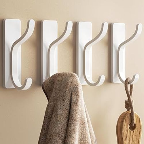 Towel Hooks for Door and Wall - Strong Adhesive Hook for Hanging Coats, Purse, Clothes, Keys, Bags - Stick On Hangers for Bathroom, Closet, Entryway, Shower, Kitchen, Dorm, RV - White, 4 Pack