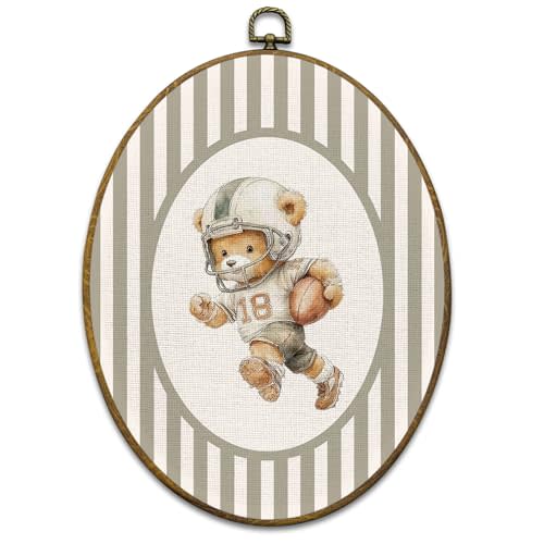 Vintage Football Bear Nursery Wall Art Decor, Sports Framed Canvas Prints 8.6x11.4, Neutral Striped Bear Animal Oval Wall Hanging Artwork Decorations for Kids Boy Nursery Room Bedroom