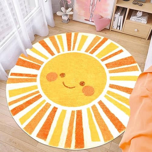 Lacomfy Kids Rug Boho Sun Mat 4Ft Round Sunshine Bedroom Carpet for Boys Girls Circle Nursery Mat for Playroom, Washable Sun Area Rug for Classroom Living Room, Children's Rugs, Orange Yellow