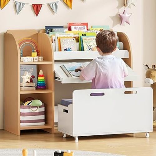 ONBRILL Kids Bookshelf and Toy Storage Organizer with Bench and Telescopic Book Holder, Reading Nook with Toy Box, Kids Furniture for Playroom, Bedroom, Living Room (White and Natural)
