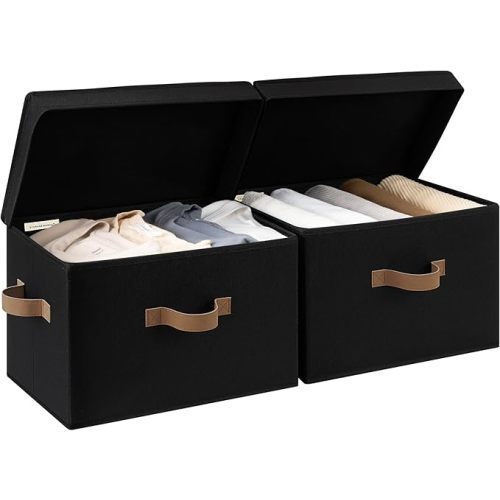 StorageWorks Fabric Storage Bins with Lid, Decorative Storage Boxes for Shelves, Stackable Closet Organizer Basket with Handles, Large, Black, 2-Pack