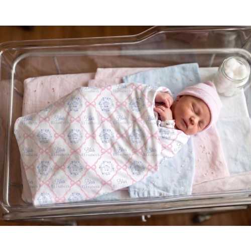 Personalized Baby Swaddle Blanket: Pink Heirloom Bows, Soft Knit