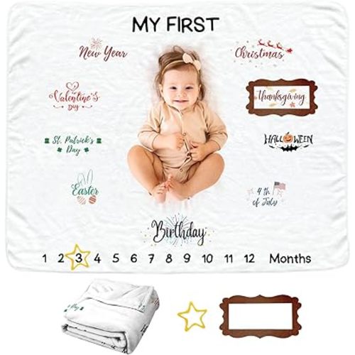 Baby Monthly Blanket for Girls Boy, Newborn Month Blanket, Soft Flannel Photography Background Prop, Personalized Shower Gift, Holiday