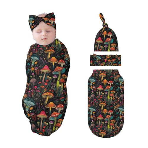 Mushroom Swaddle Blankets Newborn Receiving Blanket Baby Swaddle Wrap with Headband Hat Set for Baby Girls Boys