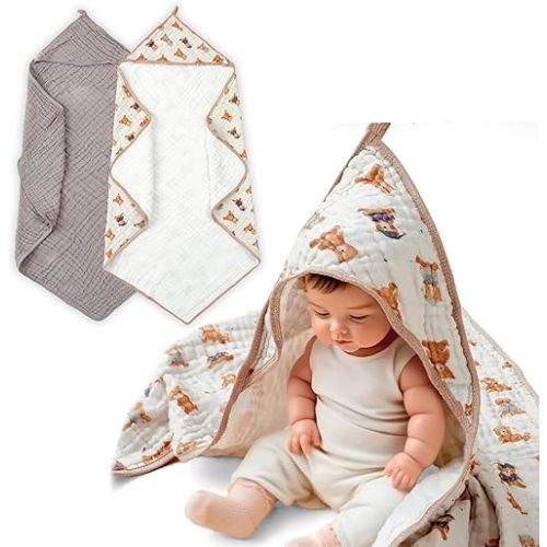 Muslin Hooded Baby Towels,2 Pack Baby Bath Towels,Large 31.5x31.5Inch,Hooded Towels for Baby and Infant,Soft and Absorbent Newborn Essential(Brown and Bears)