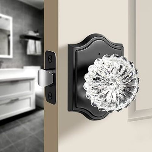 Moquin Black Crystal Door Knobs Interior, Privacy Glass Door Knob with Lock Daisy Style for Bathroom, Bedroom, Closet