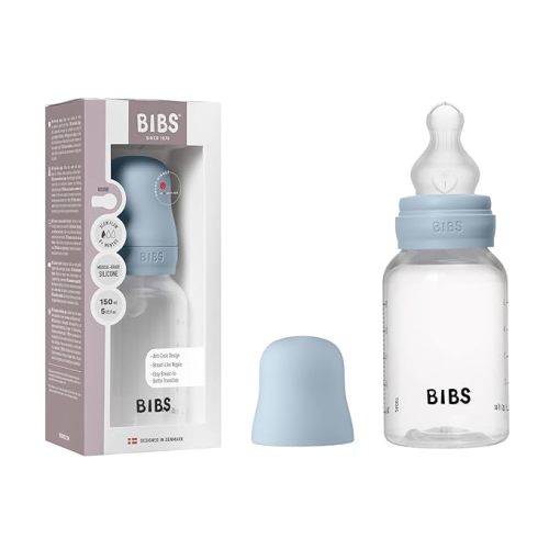 BIBS Plastic Baby Bottle, 150 ml, 1-Pack, Silicone Nipple, Baby Blue | Anti-Colic | Slow Flow | BPA-Free Plastic | Supports Breastfeeding | Made in Denmark | Familiar BIBS Nipple