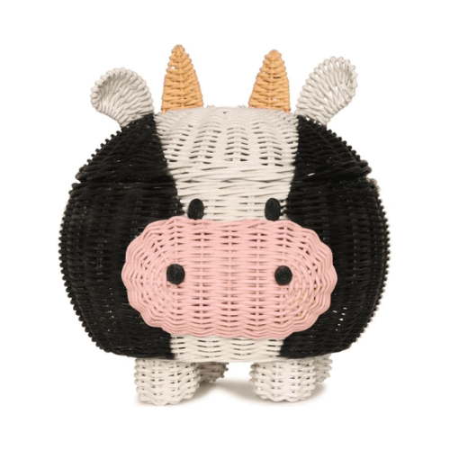Cow Rattan Storage Basket with Lid Decorative Bin Home Decor Hand Woven Shelf Organizer Cute Handmade Handcrafted Gift Art Decoration Artwork Wicker