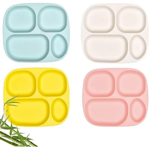 shopwithgreen Bamboo Divided Plates for Kids Adults - Dinnerware Set for Toddlers Kids Children Baby, Toddler Dinner Plates, BPA Free, Stackable, Dishwasher Safe, 9.4 inch, Set of 4