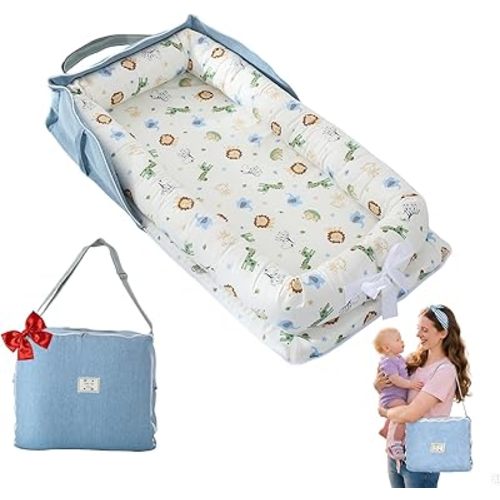 Baby Lounger for Newborn - Infant Lounger for Home and Travel, Portable Newborn Lounger with Strap, Baby Nest Lounger Adjustable Size, Animal World Blue